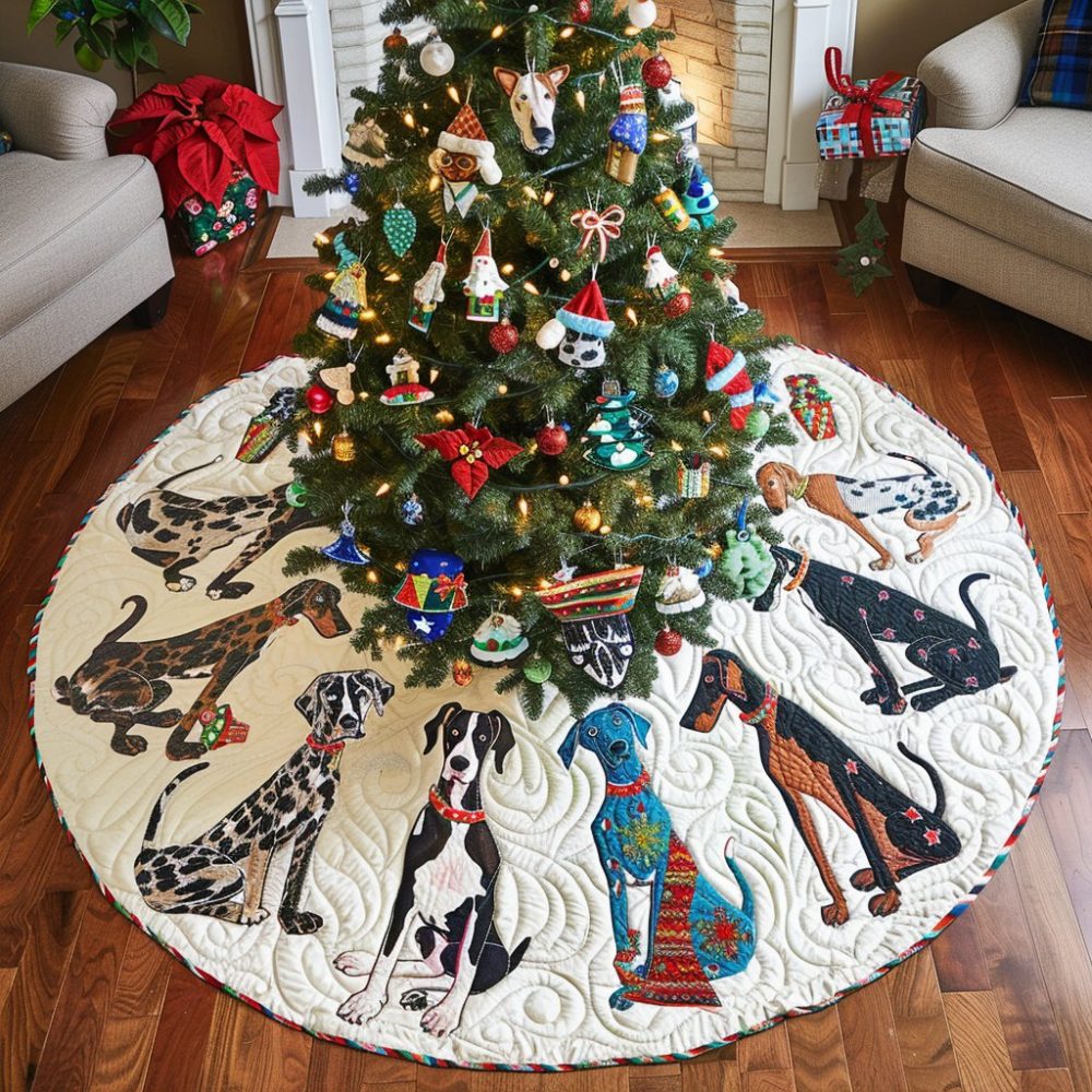 Great Dane & Dalmatian Holiday Tree Skirt - Playful Dogs Under Tree, Custom-Made Christmas Skirt For Dog Lovers