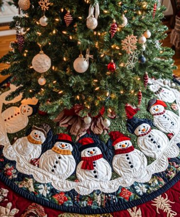 Festive Snowman Tree Skirt - Row Of Snowmen In Red Scarves, Handmade Custom Holiday Tree Skirt For Family Decor