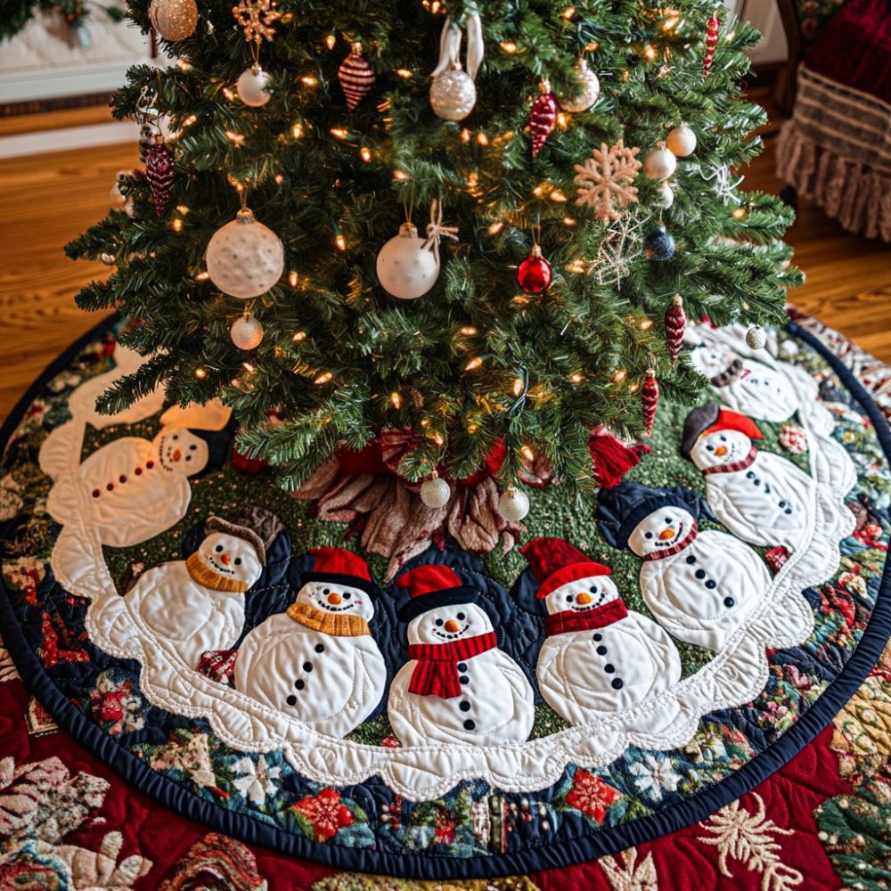 Festive Snowman Tree Skirt - Row Of Snowmen In Red Scarves, Handmade Custom Holiday Tree Skirt For Family Decor