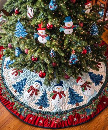 Blue Spruce Snowmen Tree Skirt - Snowman Row With Blue Spruce Border, Custom Handmade Seasonal Tree Collar