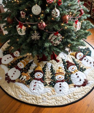 Cream Snowman Village Tree Skirt - Handcrafted Winter Village Design, Custom Holiday Tree Skirt, Soft Neutral Tones