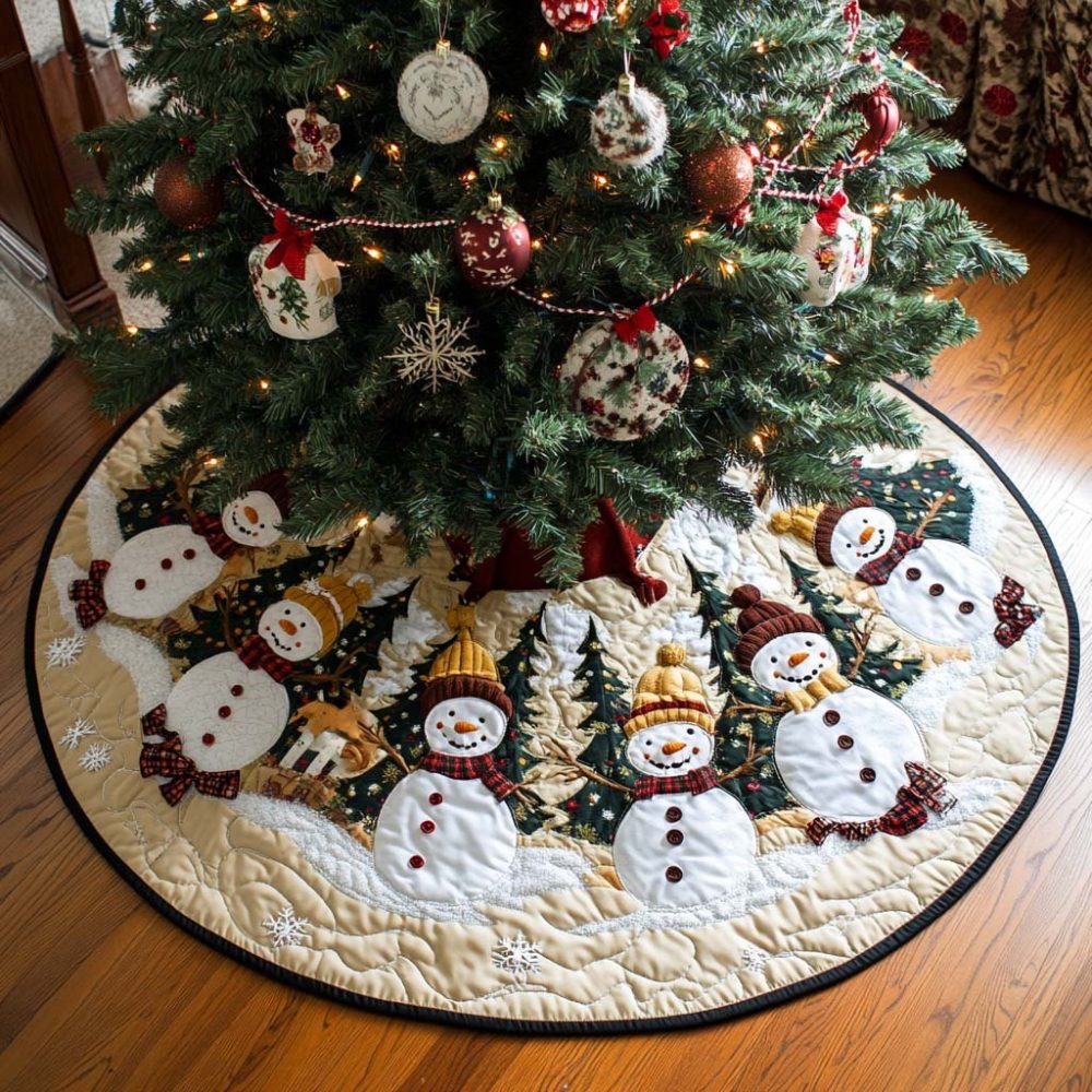 Cream Snowman Village Tree Skirt - Handcrafted Winter Village Design, Custom Holiday Tree Skirt, Soft Neutral Tones