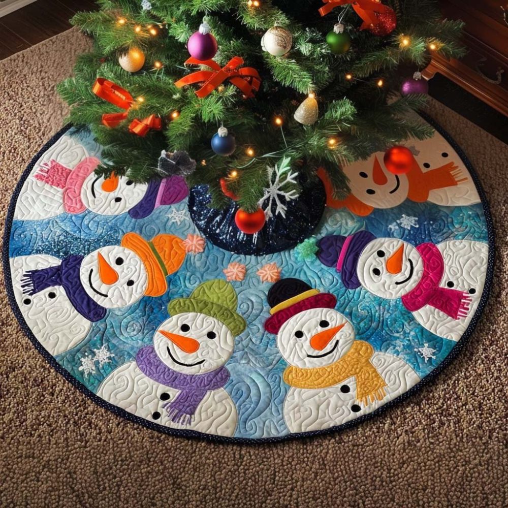 Colorful Snowman Tree Skirt - Snowmen With Rainbow Scarves In Circle Design, Handmade Custom Holiday Tree Collar