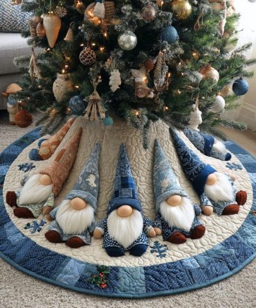 Frosty Gnome Dreams Holiday Tree Skirt — Cozy Handmade Christmas Tree Collar With Charming Gnome Scene, Personalized & Custom Sizing