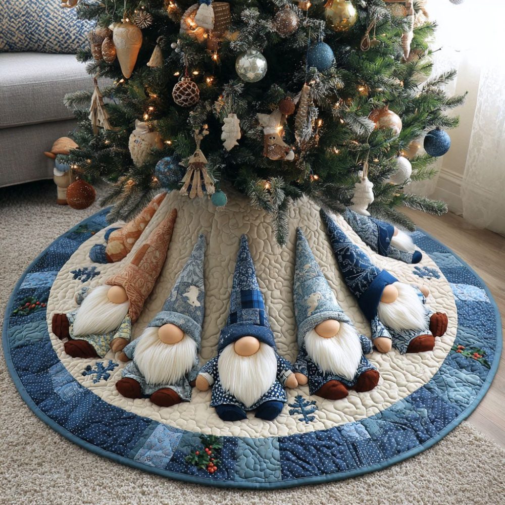 Frosty Gnome Dreams Holiday Tree Skirt — Cozy Handmade Christmas Tree Collar With Charming Gnome Scene, Personalized & Custom Sizing