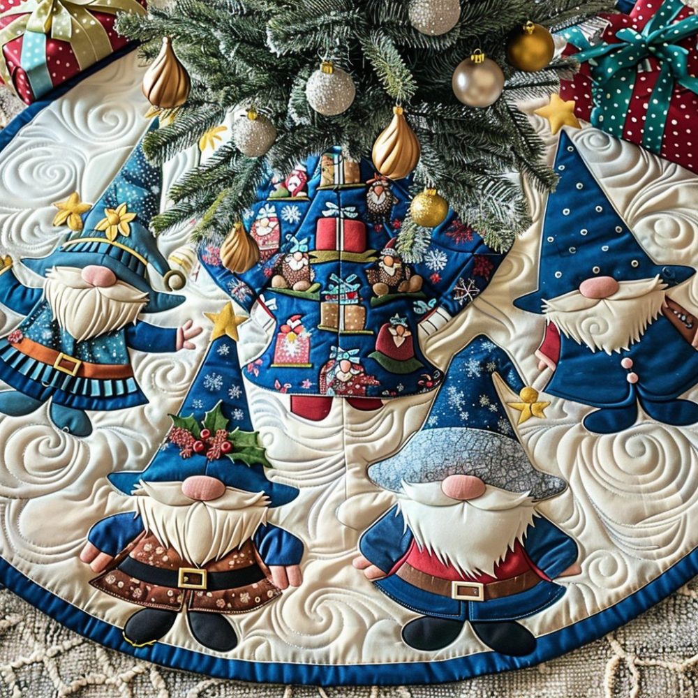 Frosty Gnome Magic Tree Skirt — Whimsical Handcrafted Christmas Tree Collar, Custom Colors, Sizes & Personalized Embroidery Option