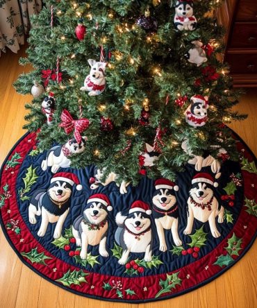 Frosty Husky Premium Tree Skirt — Handcrafted Christmas Tree Collar With Classic Husky Artwork, Custom Sizes, Durable Felt Construction