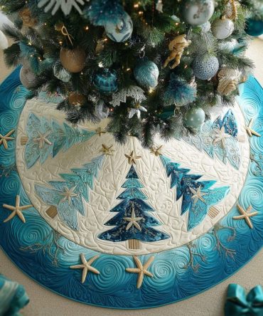 Frosty Pines Village Tree Skirt — Scenic Handmade Christmas Tree Collar, Custom Size & Color, Charming Village Holiday Design