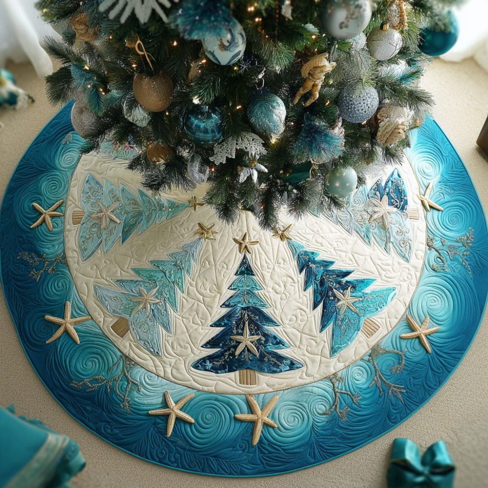 Frosty Pines Village Tree Skirt — Scenic Handmade Christmas Tree Collar, Custom Size & Color, Charming Village Holiday Design