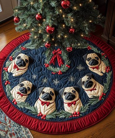 Frosty Pug Holiday Tree Skirt — Cute Custom Christmas Tree Collar For Dog Lovers, Soft Felt, Personalized Name & Size Options