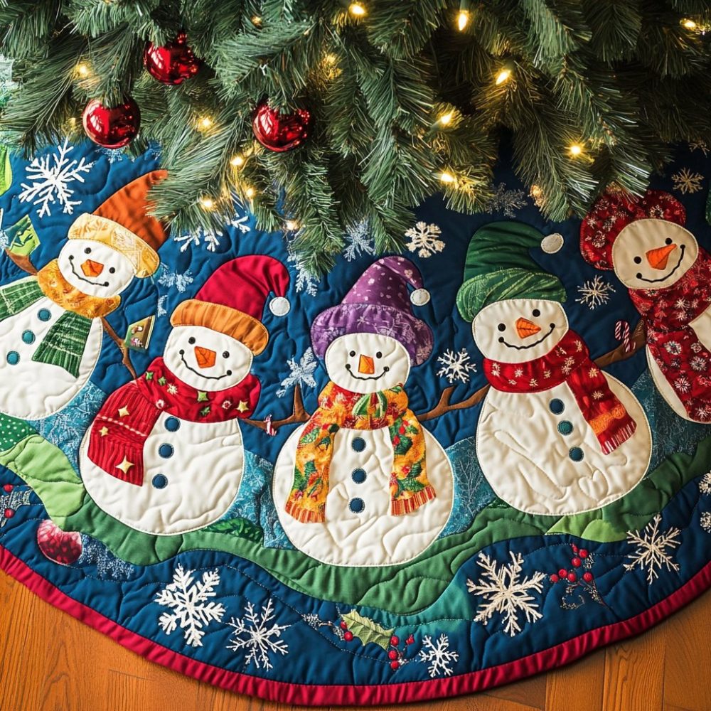 Frosty Tales Christmas Tree Skirt — Whimsical Winter Storybook Skirt, Handmade Frosty Characters & Scenic Details, Custom Sizes Available