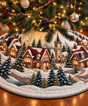 Frosty Village Christmas Tree Skirt - Handcrafted Icy Velvet Skirt With Snowy Village Embroidery, Custom Sizes For Winter Wonderlands