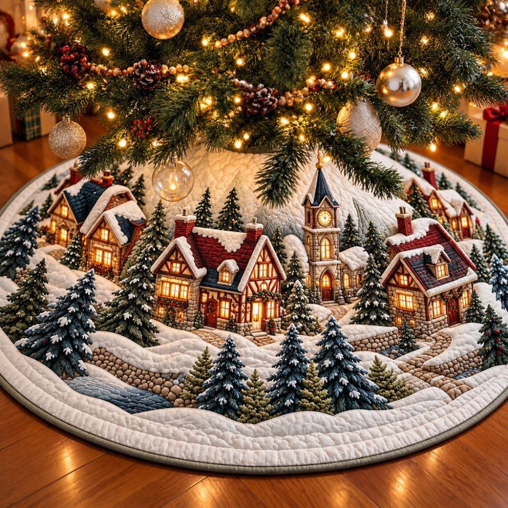 Frosty Village Christmas Tree Skirt - Handcrafted Icy Velvet Skirt With Snowy Village Embroidery, Custom Sizes For Winter Wonderlands