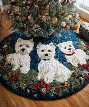 Frosty Westie Dreams Tree Skirt — Charming West Highland Terrier Holiday Skirt, Handmade, Personalized Pet Name & Size Options