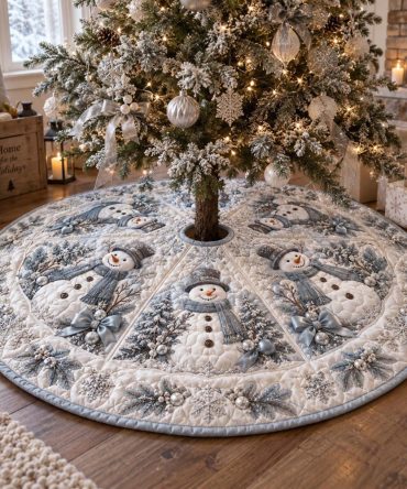 Frosty White Snowmen Designer Tree Skirt — Made-To-Order Pristine Snowman Scene, Soft Fabric & Optional Custom Embroidery