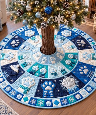 Frosty Winter Paws Christmas Tree Skirt - Cozy Snowflake Pet-Themed Holiday Skirt, Custom Sizes, Soft Felt, Handmade Gift