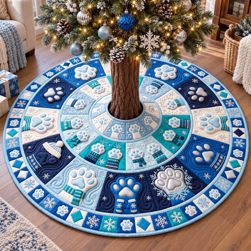 Frosty Winter Paws Christmas Tree Skirt - Cozy Snowflake Pet-Themed Holiday Skirt, Custom Sizes, Soft Felt, Handmade Gift
