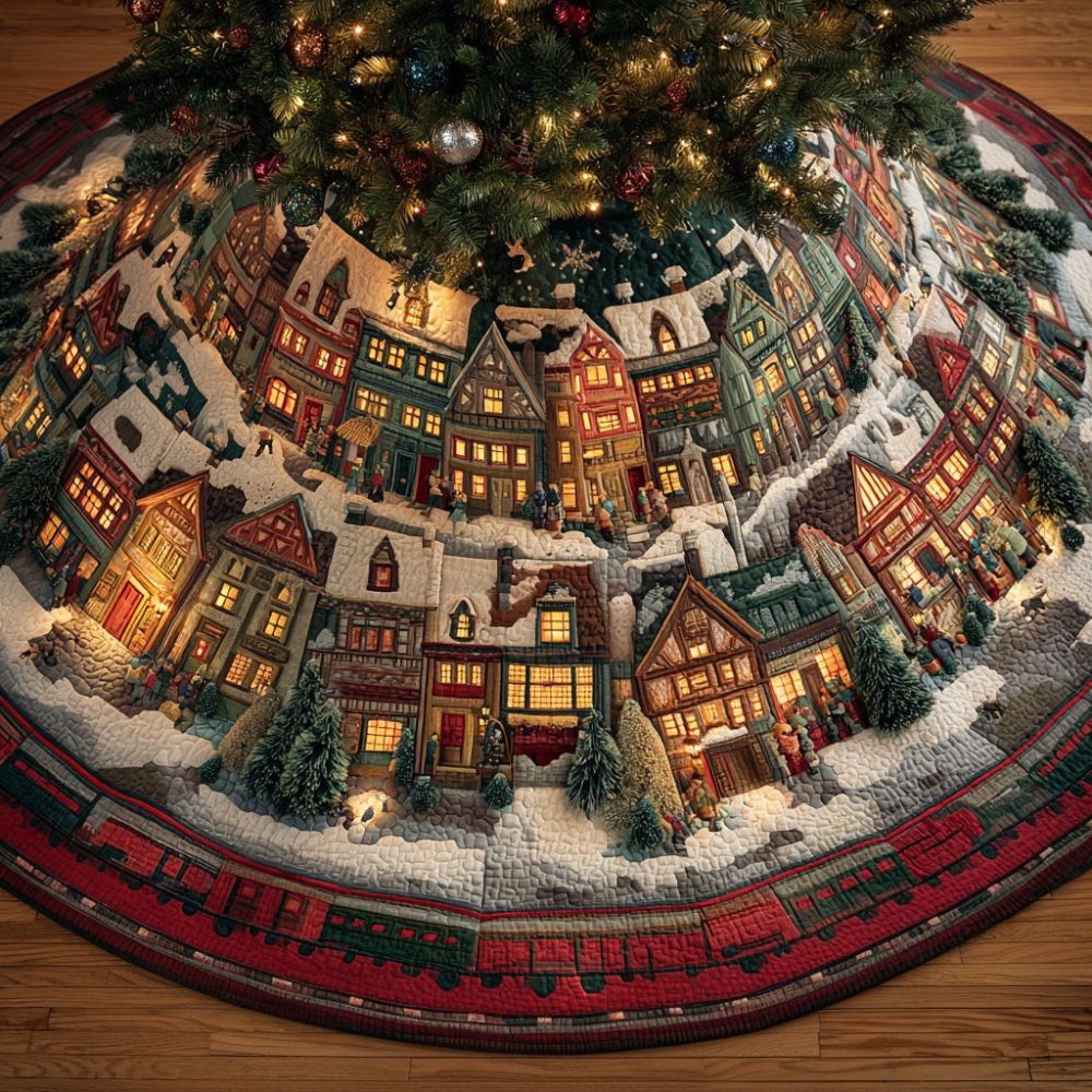 Frozen Village Light Christmas Tree Skirt — Handmade Winter Village Holiday Skirt With Sparkling Light Motifs, Custom Sizes & Colors