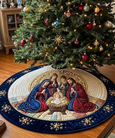 Bethlehem Pearl Halo Tree Skirt — Elegant Nativity Halo Design Christmas Tree Skirt, Luxurious Holiday Fabric, Made-To-Order