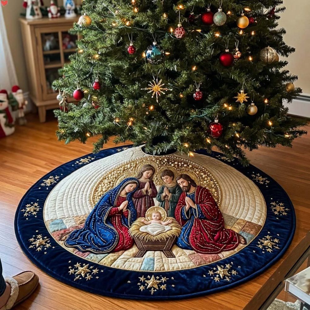 Bethlehem Pearl Halo Tree Skirt — Elegant Nativity Halo Design Christmas Tree Skirt, Luxurious Holiday Fabric, Made-To-Order
