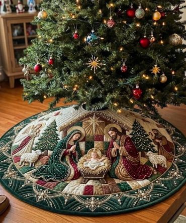 Forest Pearl Nativity Tree Skirt — Handcrafted Elegant Nativity Holiday Skirt With Pearl Accents, Custom Sizes & Luxurious Fabric