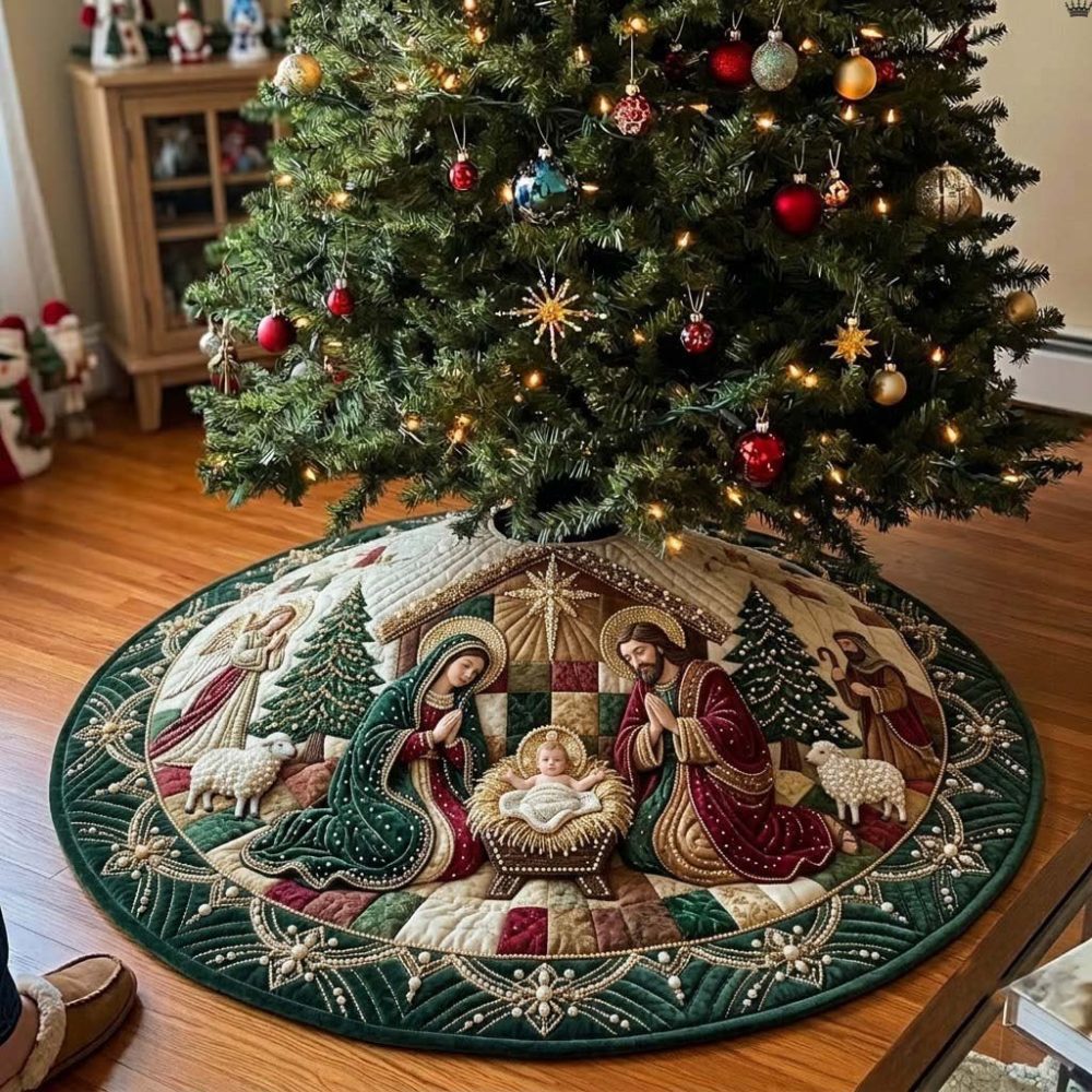 Forest Pearl Nativity Tree Skirt — Handcrafted Elegant Nativity Holiday Skirt With Pearl Accents, Custom Sizes & Luxurious Fabric
