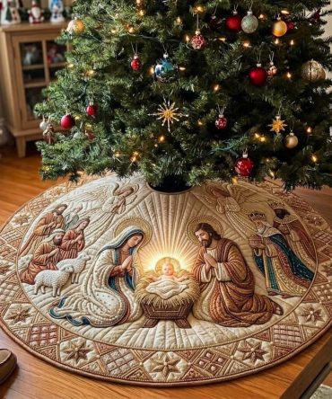 Golden Ivory Nativity Christmas Tree Skirt — Elegant Handmade Nativity Scene Skirt, Custom Sizes, Premium Ivory & Metallic Accents