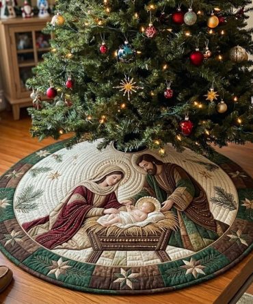 Tender Manger Closeup Tree Skirt — Intimate Nativity Portrait Christmas Tree Skirt, Detailed Handmade Made-To-Order Heirloom