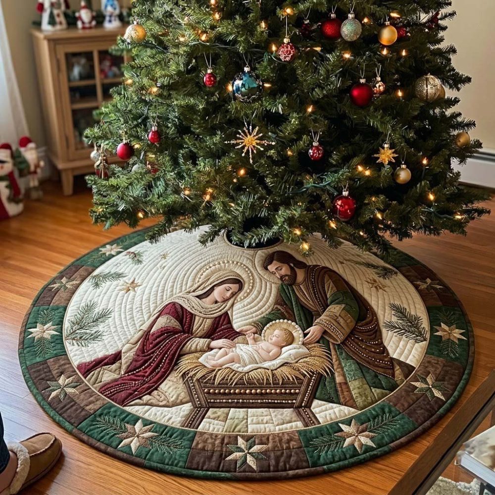 Tender Manger Closeup Tree Skirt — Intimate Nativity Portrait Christmas Tree Skirt, Detailed Handmade Made-To-Order Heirloom