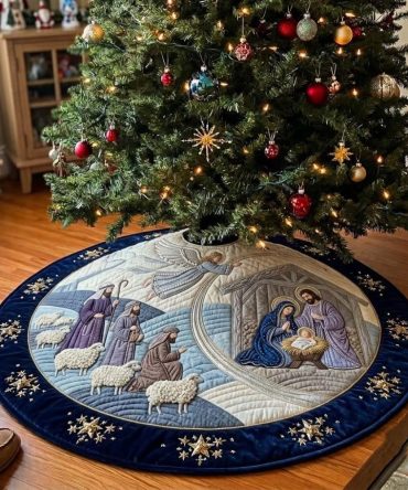 Shepherds' First Light Nativity Tree Skirt — Serene Biblical Scene Christmas Tree Skirt, Handcrafted Made-To-Order Keepsake