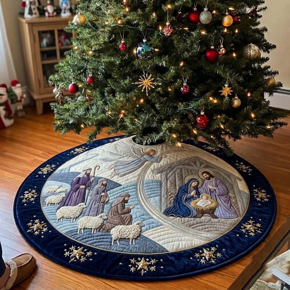 Shepherds' First Light Nativity Tree Skirt — Serene Biblical Scene Christmas Tree Skirt, Handcrafted Made-To-Order Keepsake