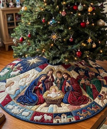 Patchwork Holy Night Christmas Tree Skirt — Quilted Nativity-Inspired Tree Skirt, Custom Handmade Made-To-Order Holiday Accent