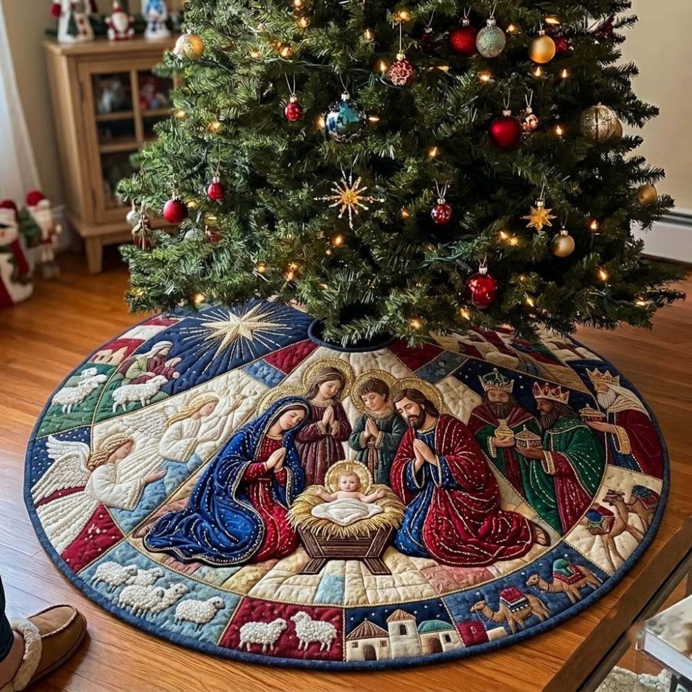 Patchwork Holy Night Christmas Tree Skirt — Quilted Nativity-Inspired Tree Skirt, Custom Handmade Made-To-Order Holiday Accent