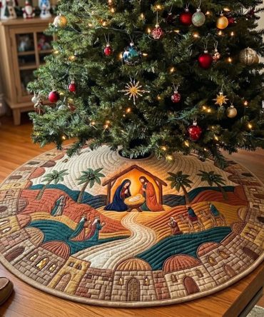 Bethlehem Panorama Nativity Tree Skirt — Scenic Holy Night Christmas Tree Skirt, Handcrafted Made-To-Order Holiday Heirloom