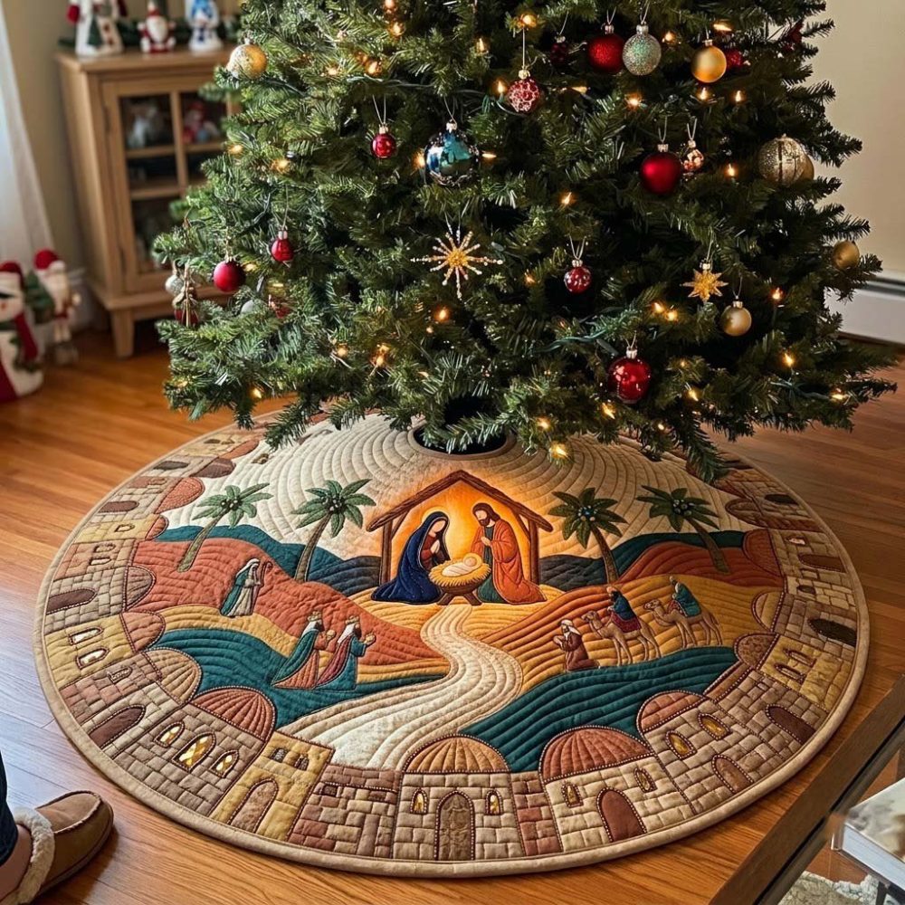 Bethlehem Panorama Nativity Tree Skirt — Scenic Holy Night Christmas Tree Skirt, Handcrafted Made-To-Order Holiday Heirloom