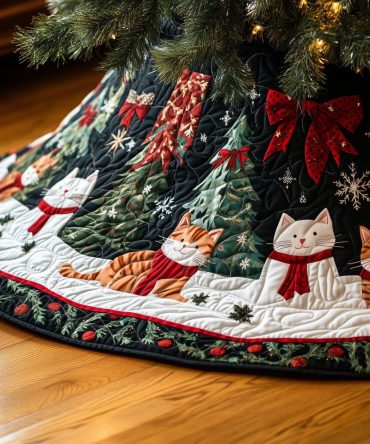 Festive Cat Tree Skirt - Cats Wearing Red Scarves In Snowy Scene, Custom-Made Holiday Skirt For Cat Owners