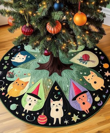 Halloween Cat Christmas Tree Skirt — Spooky-Festive Cat Holiday Skirt, Handmade Fusion Design For Halloween Lovers & Christmas Decor