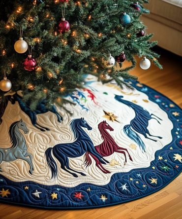 Horses Trotting On Midnight Blue Tree Skirt — Elegant Dark Holiday Skirt With Equestrian Motif, Custom Fit, Luxury Finish
