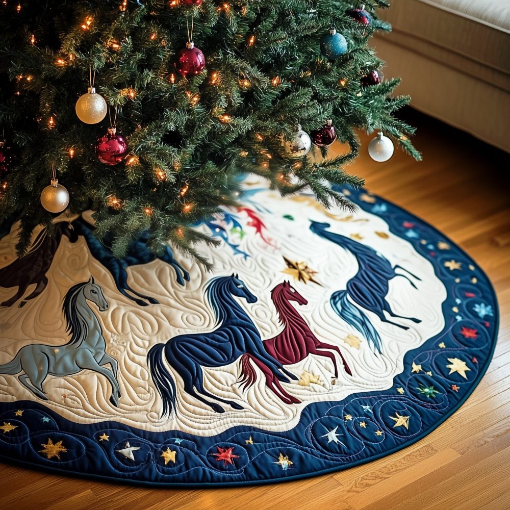 Horses Trotting On Midnight Blue Tree Skirt — Elegant Dark Holiday Skirt With Equestrian Motif, Custom Fit, Luxury Finish