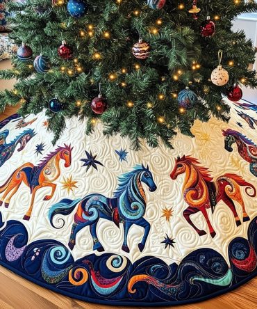 Painted Horses In The Stars Tree Skirt — Starry Equestrian Holiday Skirt, Custom Size Options, Handcrafted Seasonal Decor