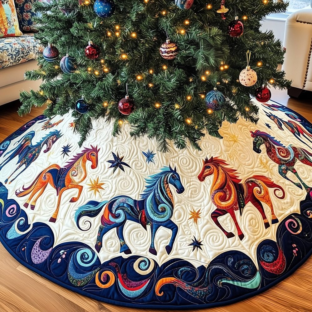 Painted Horses In The Stars Tree Skirt — Starry Equestrian Holiday Skirt, Custom Size Options, Handcrafted Seasonal Decor