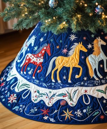 Folk Horses On Navy & Snow Tree Skirt — Classic Winter Horse Motif, Custom-Tailored Holiday Skirt, Premium Fabric Options