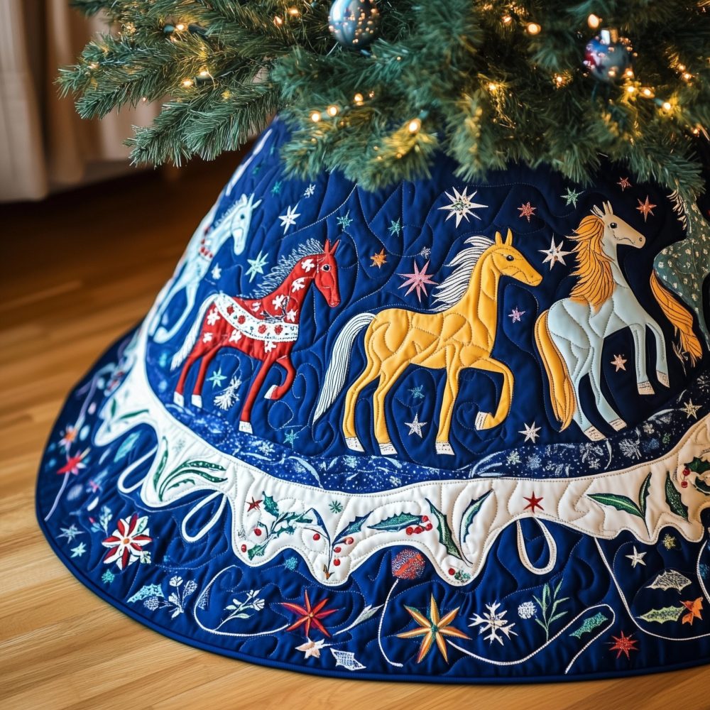 Folk Horses On Navy & Snow Tree Skirt — Classic Winter Horse Motif, Custom-Tailored Holiday Skirt, Premium Fabric Options