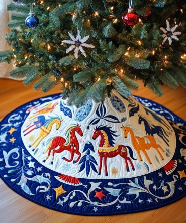 Nordic Blue Horse Christmas Tree Skirt — Scandi-Inspired Holiday Skirt In Blue Hues, Custom Made, Cozy Textile Finish