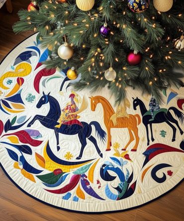 Carousel Horses In Folk Colors Tree Skirt — Vibrant Vintage Holiday Skirt, Made-To-Order, Plush Fabric Options Available