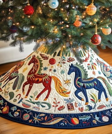 Folk Art Horse Parade Tree Skirt — Handcrafted Rustic Holiday Horse Skirt, Custom Sizes, Warm Traditional Colors