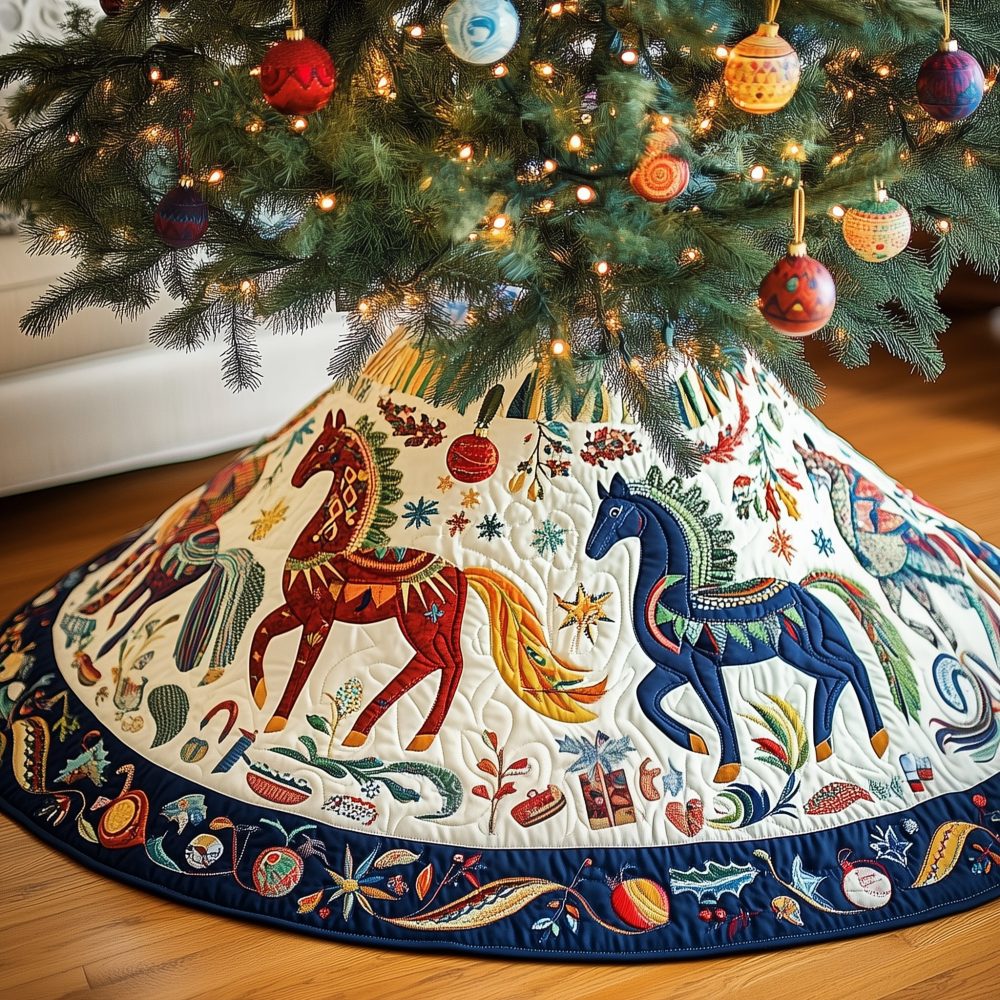 Folk Art Horse Parade Tree Skirt — Handcrafted Rustic Holiday Horse Skirt, Custom Sizes, Warm Traditional Colors