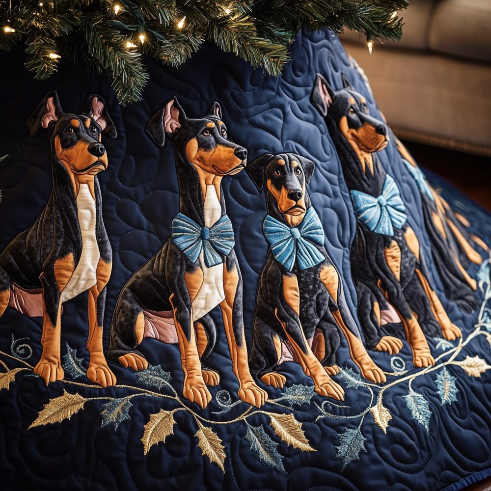 Doberman Christmas Tree Skirt — Bold Custom Doberman Dog Holiday Skirt, Handmade, Personalized Name & Size Options For Pet Owners