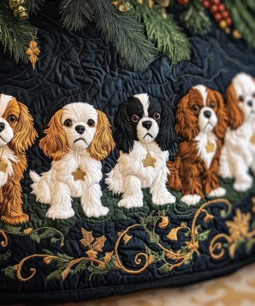 Custom Cavalier King Charles Spaniel Holiday Tree Skirt With Green & Gold Vine — Handmade Christmas Decor, Premium Soft Fabric