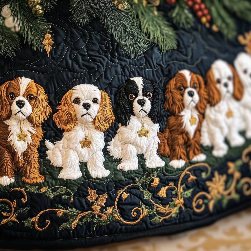 Custom Cavalier King Charles Spaniel Holiday Tree Skirt With Green & Gold Vine — Handmade Christmas Decor, Premium Soft Fabric
